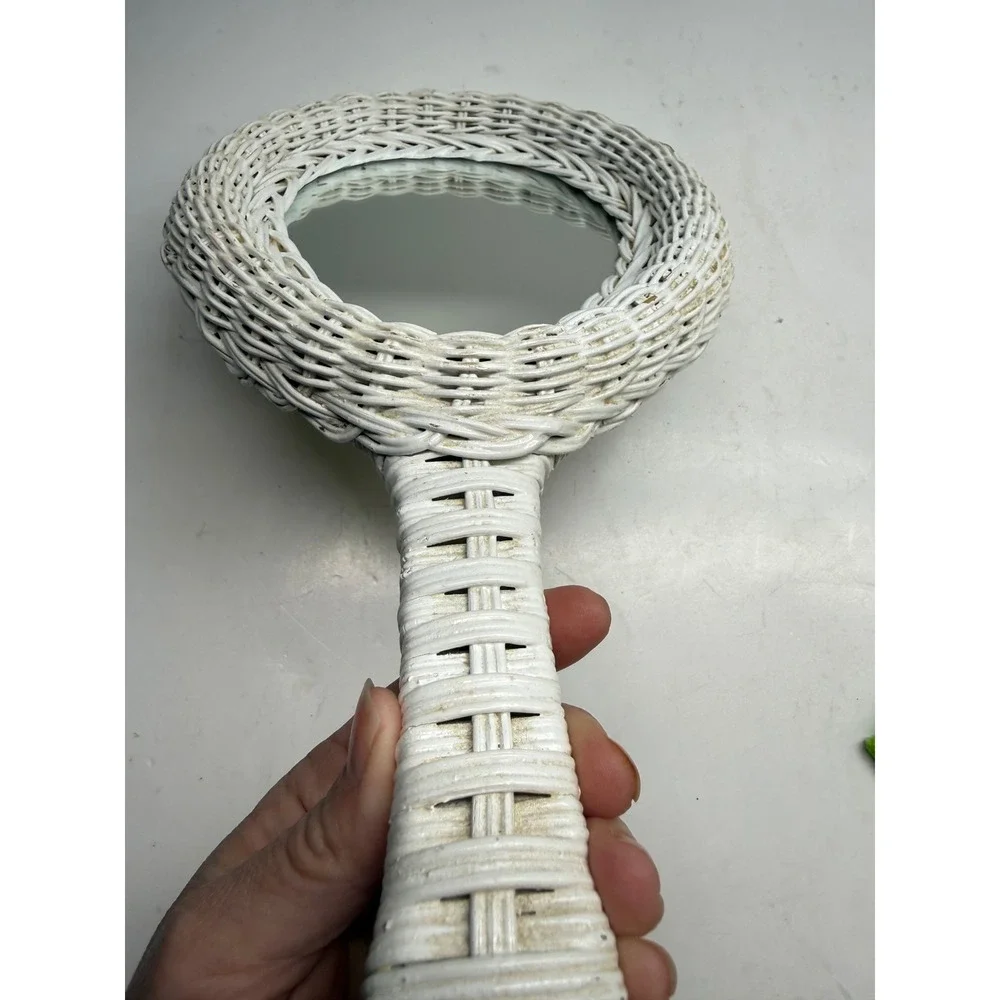 Vintage White Wicker Hand Mirror Woven Rattan Paddle Vanity Mirror Cottagecore